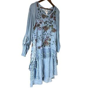 VASNA Lagenlook Dress 2 Piece Mixed Media Gauze Sheer Lace Eyelet Size Large